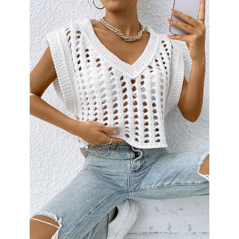 Shein Top Womens Size S White Crochet Cropped Sleeveless Grannycore‎ Cottagecore
